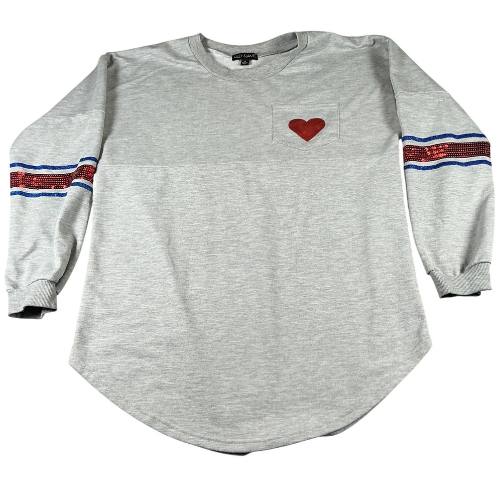 Riley & James Gray Sequin LOVE Sweatshirt‎ Heart Pocket Casual Small
